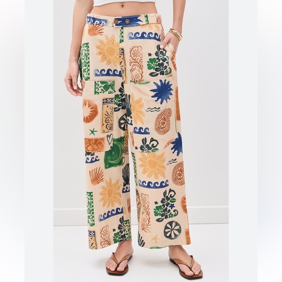 Free People Seaside Pull-On Pants 🌊 Boho Wide Leg Beach Print 🪸